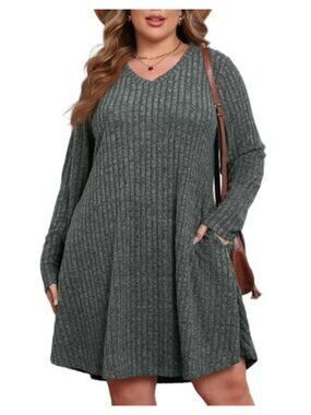 Plus Size V Neck Sweater Dress with Pockets Knee Length Casual